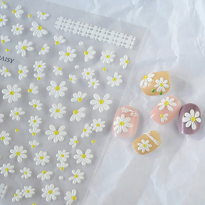 5D Daisy Nail Art Stickers - White Flower & Green Leaf Embossed Decals for DIY Spring Summer Nail Decoration