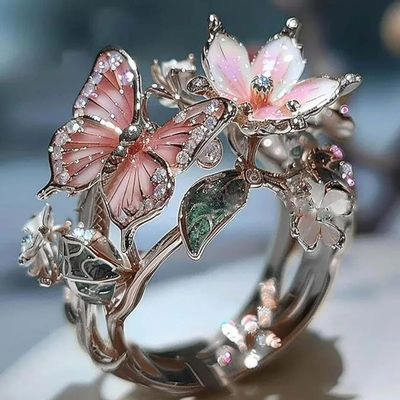Flower Butterfly Ring - Romantic Rhinestone Adjustable Jewelry for Women, Weddings & Gifts