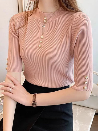2024 Spring Autumn Korean Fashion Solid Sweater - Women's Short Sleeve Casual Slim Pullover Knitted Top