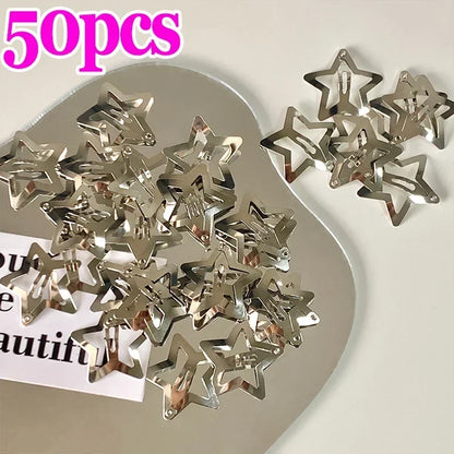 2/50PCS Y2K Silver Star Hair Clips – Filigree Metal Snap Hairpins for Girls, Nickel-Free Hair Jewelry Barrettes