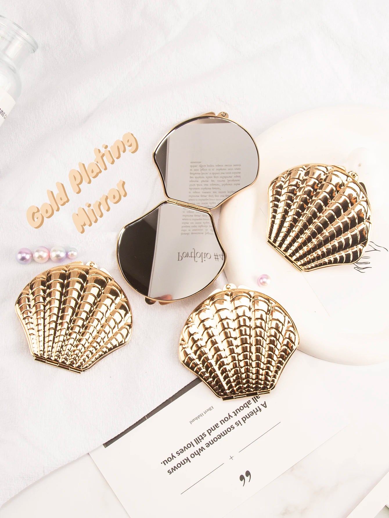 Golden Shell Double-Sided Makeup Mirror - Portable Elegant Beauty Mirror Gift for Girlfriend, Mom, Wife & Sister