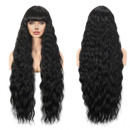 Long Straight Black Wig with Bangs - Synthetic, Heat-Resistant Hair for Women - Lolita Red Pelucas for Daily Wear and Cosplay