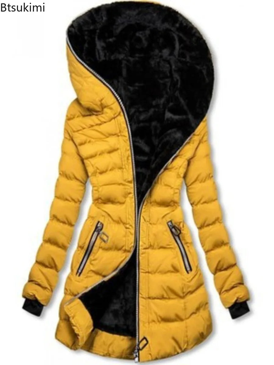 2025 Women’s Winter Parka – Hooded Solid Zipper Midi Coat with Pockets, Slim Fit Long Sleeve Warm Casual Jacket