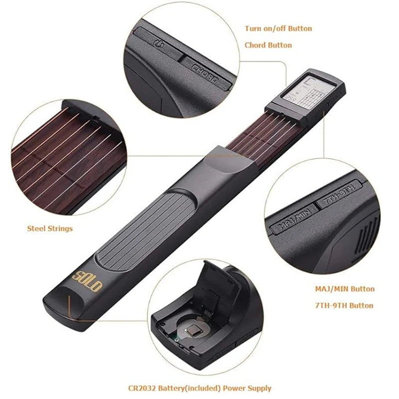 Pocket Guitar Chord Practice Tool - Portable Neck Trainer with Rotatable Chords Chart Screen for Beginners