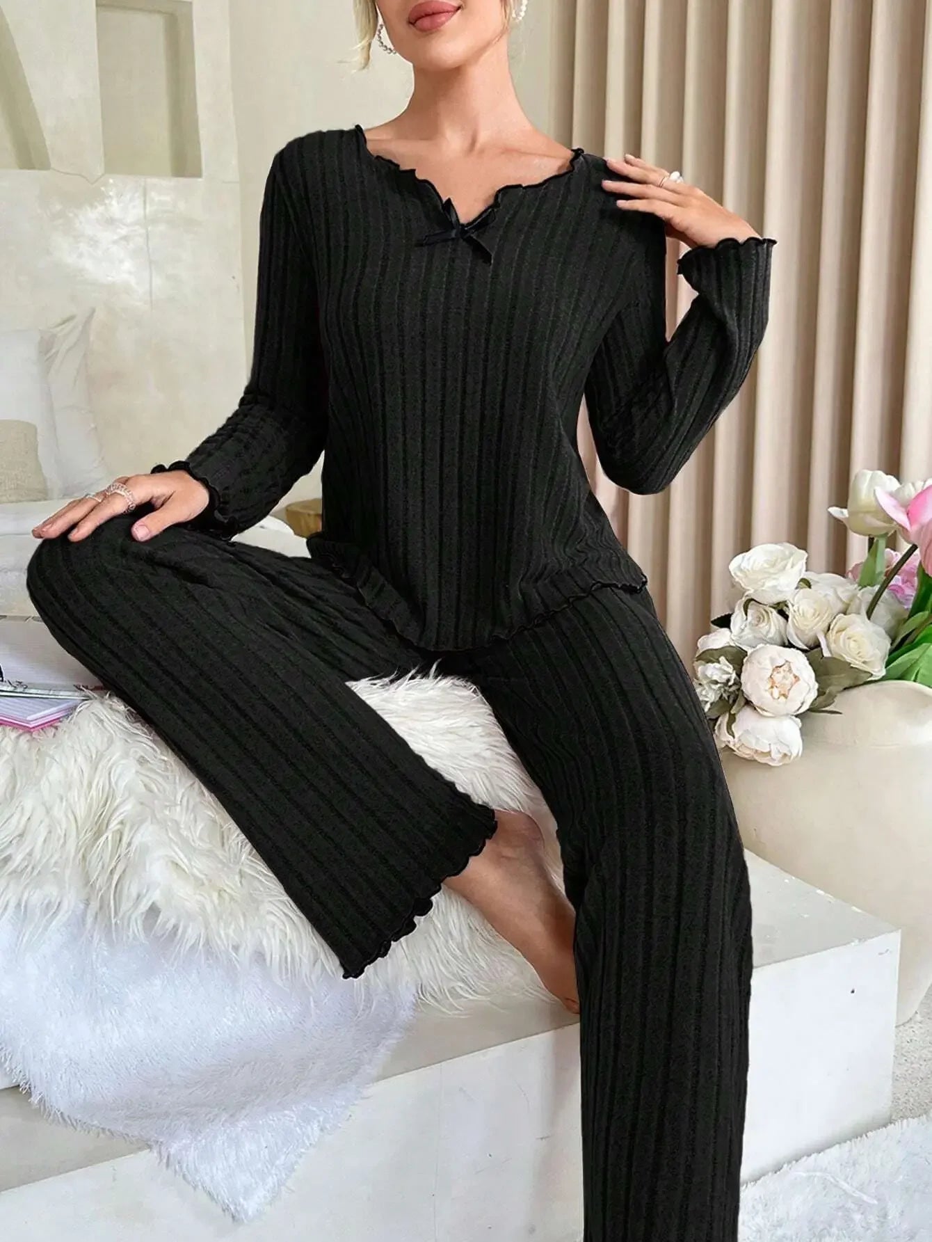 Women’s Autumn & Winter Ribbed Pajama Set – Long-Sleeve Top and Pants, 2-Piece Casual Homewear Loungewear
