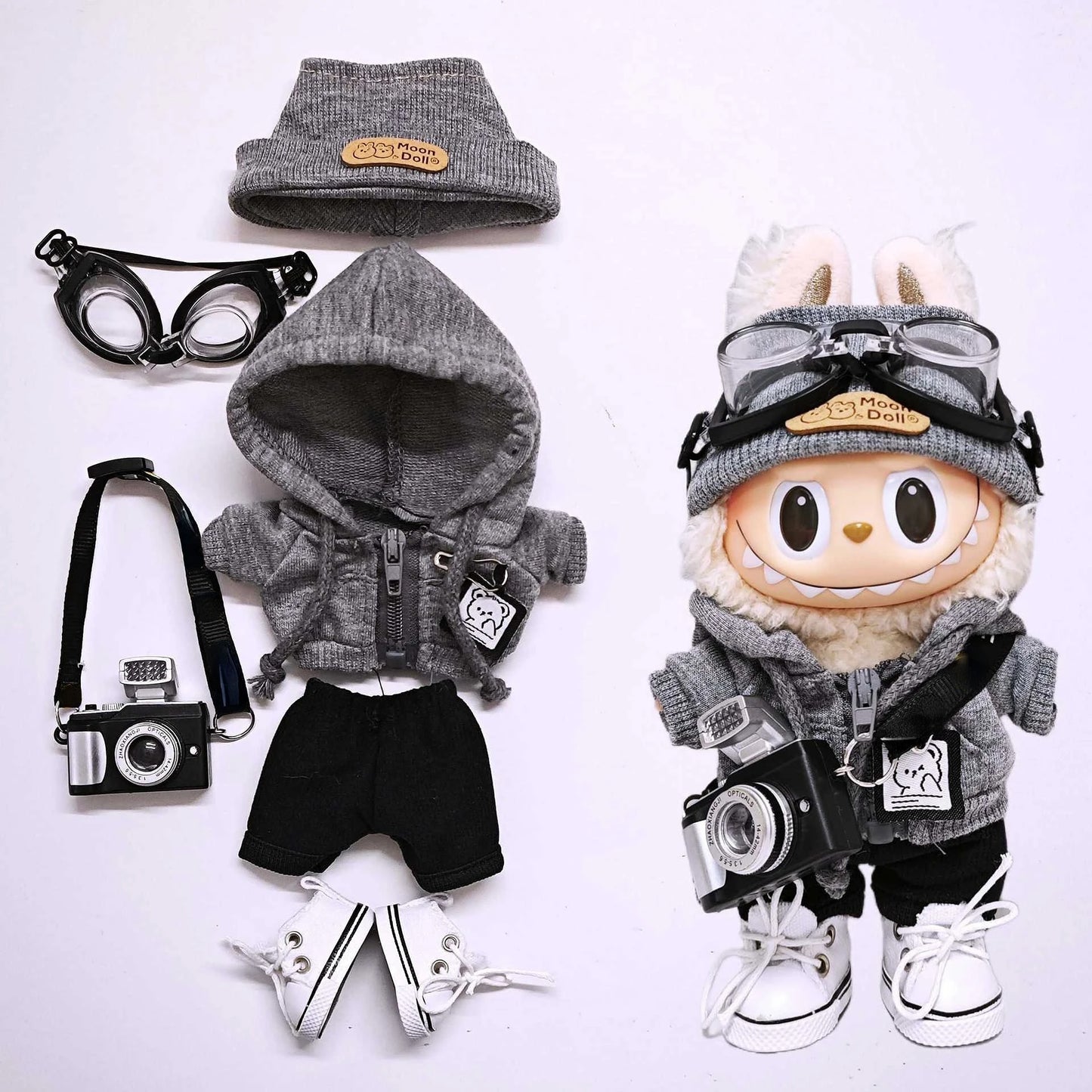 Labubu 15cm/17cm Universal Hoodie Set – Gray Trendy Outfit with Camera, Glasses, Headphones & Canvas Shoes (Series 1-3 Compatible)
