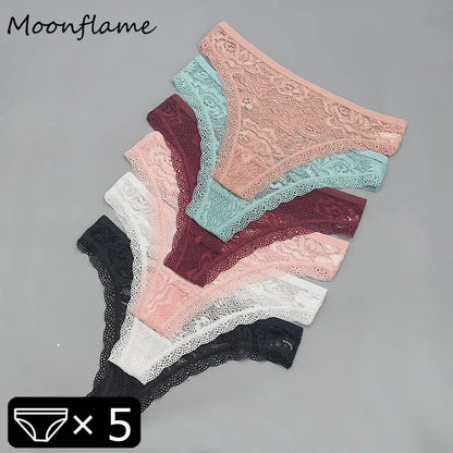 Moonflame 5Pcs Lace Thong Underwear Set - Women’s T-Back G-String Lingerie with Transparent Sexy Panties
