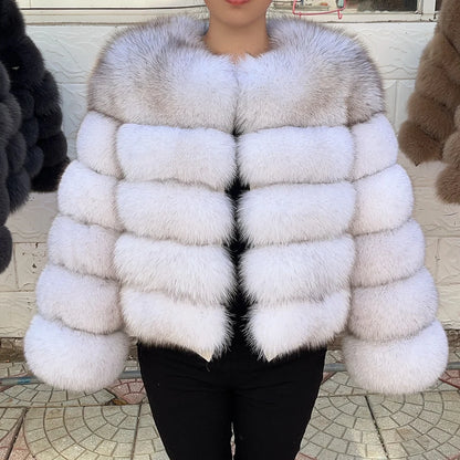 QUEENTINA Women’s Real Fox Fur Coat – Brown Leather & Skin Winter Fashion Outerwear 2025