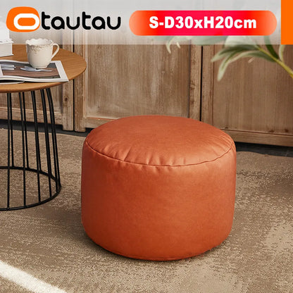 OTAUTAU Small Round Faux Leather Ottoman Stool – Beanbag Pouf Footstool, Floor Seat & Footrest JD004