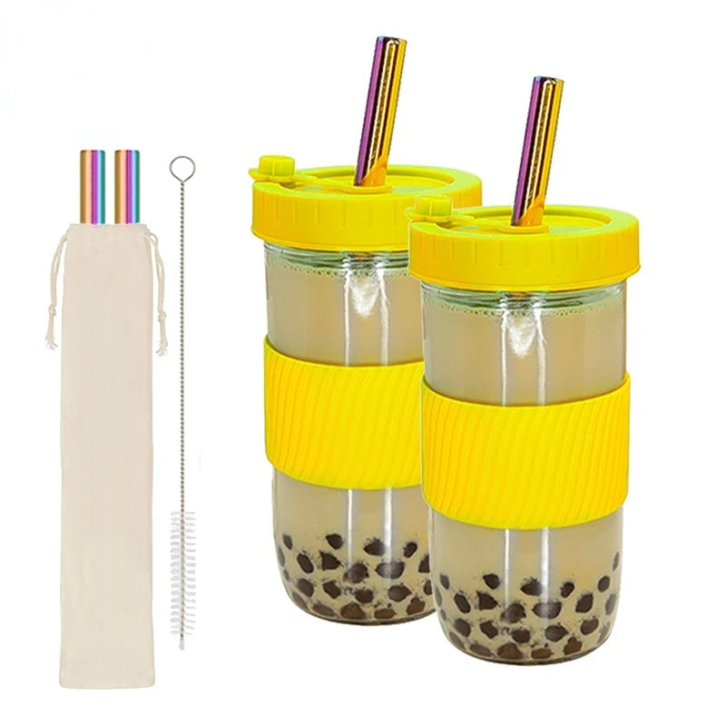2Pcs Reusable Colored Plastic Water and Coffee Cups with Sealed Lids and Straws - Perfect for Family Travel