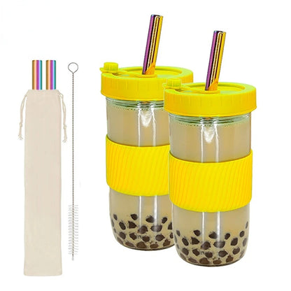 2Pcs Reusable Colored Plastic Water and Coffee Cups with Sealed Lids and Straws - Perfect for Family Travel