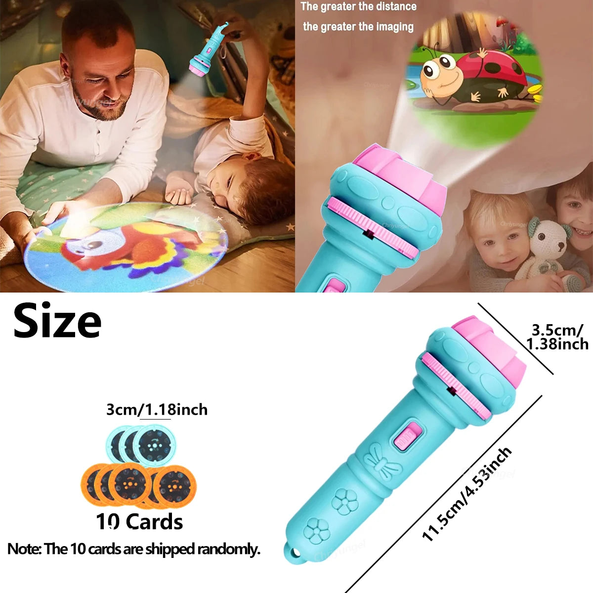 Kids Projector Flashlight Toy - 10 Cards 80 Cartoon Patterns Educational Bedtime Gift for Toddlers