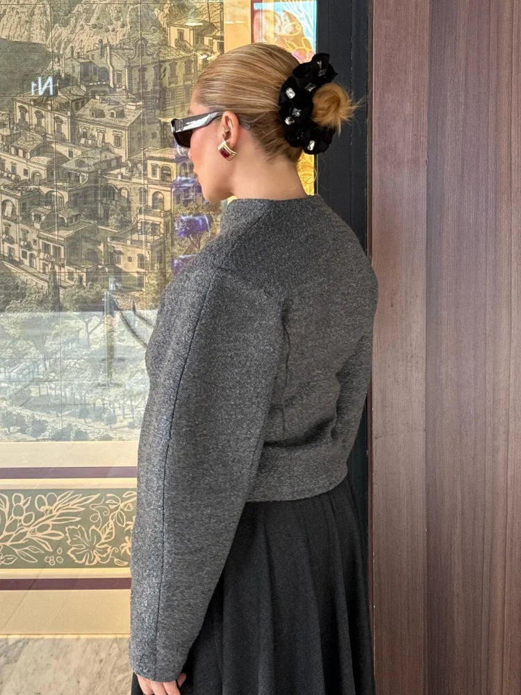 2025 Women's Burgundy Woolen Coat – Fashion Stand Collar, Puff Sleeves, Oversized Elegant High Street Jacket