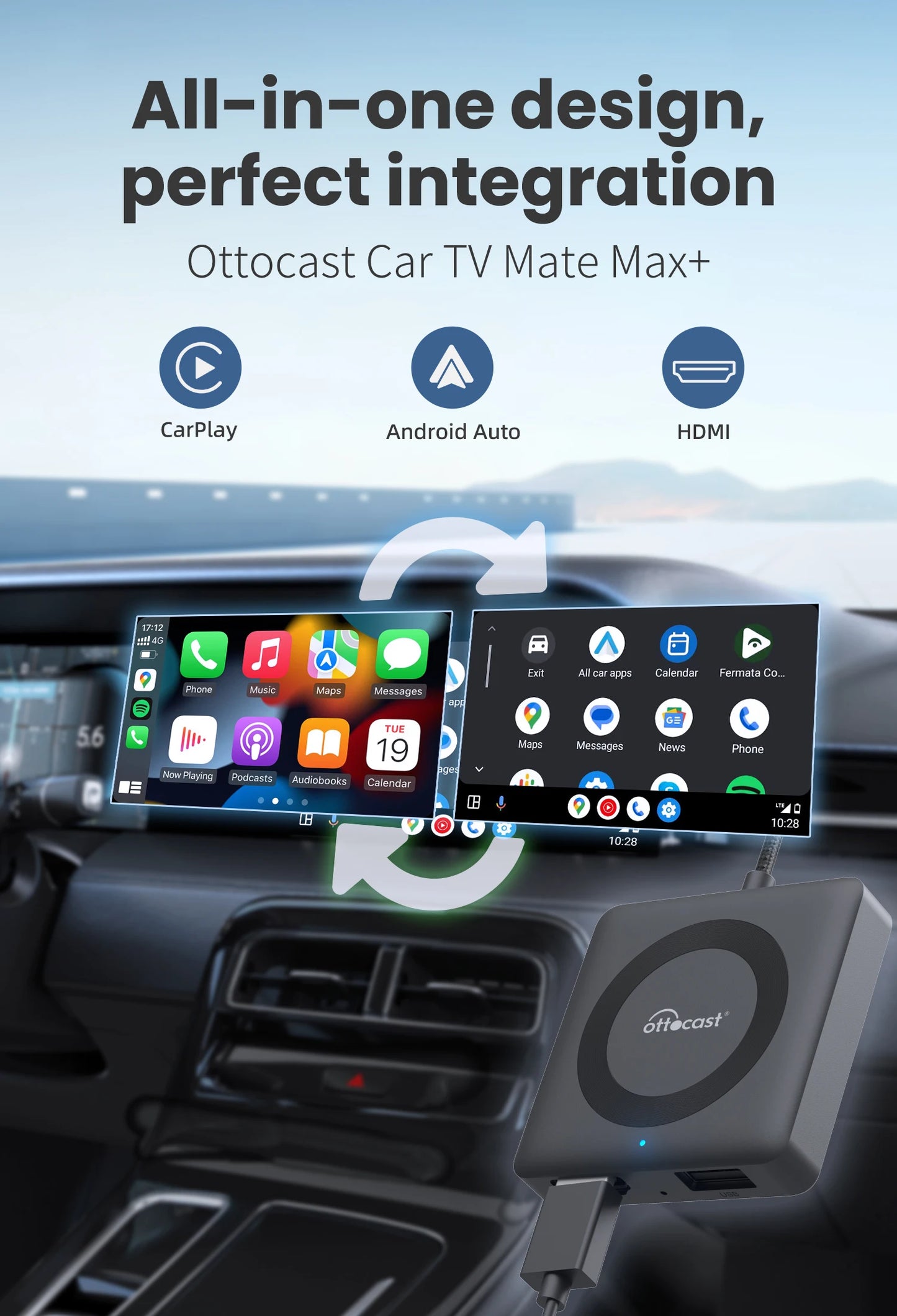 OTTOCAST Car TV Mate Adapter — Wired to Wireless CarPlay & Android Auto, HDMI Multimedia Video Converter for TV Sticks, Game Box, Phone