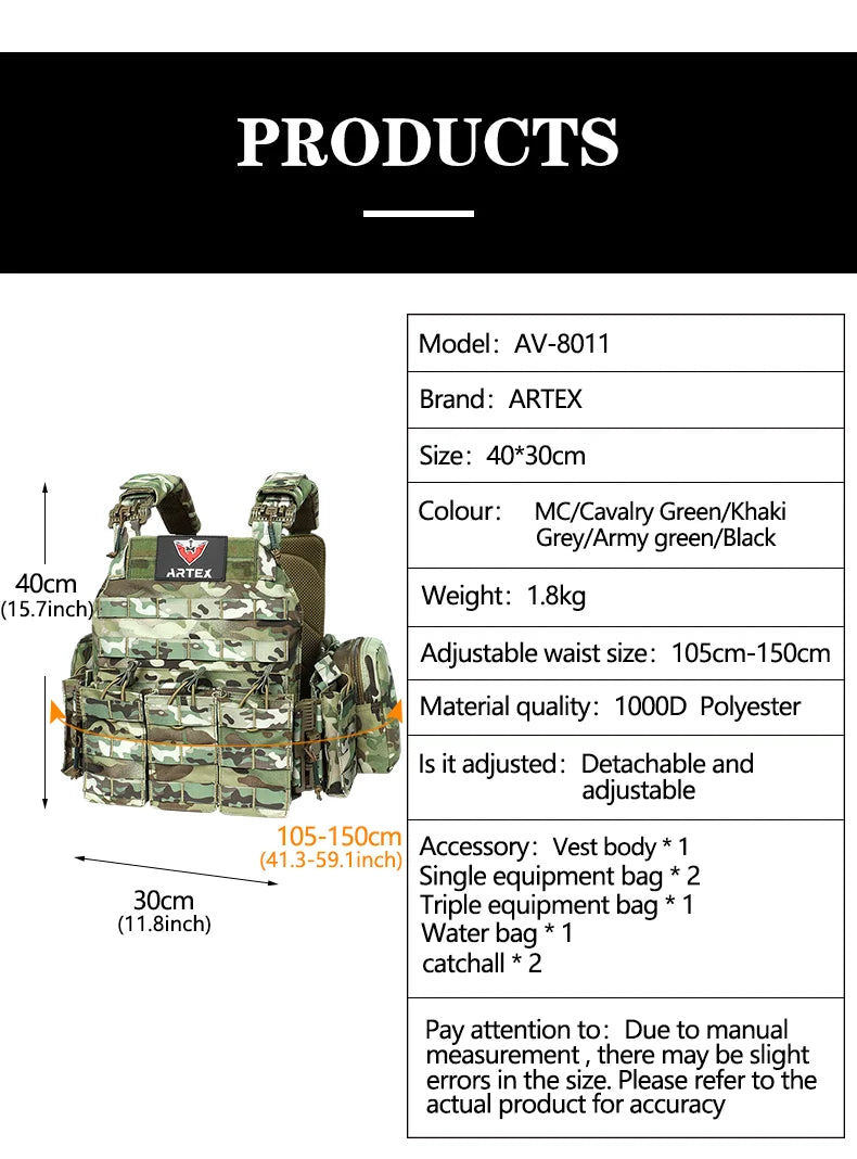 ARTEX Tactical Vest – 1000D Nylon, Quick Release, 6094K with Triple Magazine Pouch for Hunting & Airsoft Combat