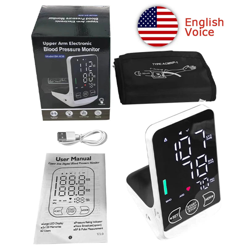 Rechargeable Arm Blood Pressure Monitor – Digital Tensiometer with Large Display & English/Spanish Voice