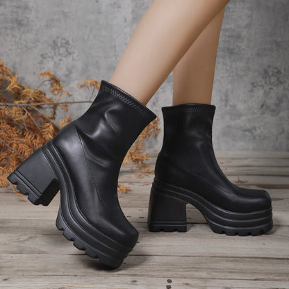 Women’s New Fashion Short Boots – Sexy Leather, Square Toe, Zipper High Heels, Casual Thick-Soled Shoes Zapatos
