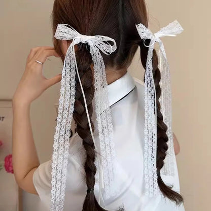2pcs Korean Fashion Lace Bow Hairpins – White Ribbon Hair Clips for Women & Girls, Top Clip, Female Hair Accessories & Gifts
