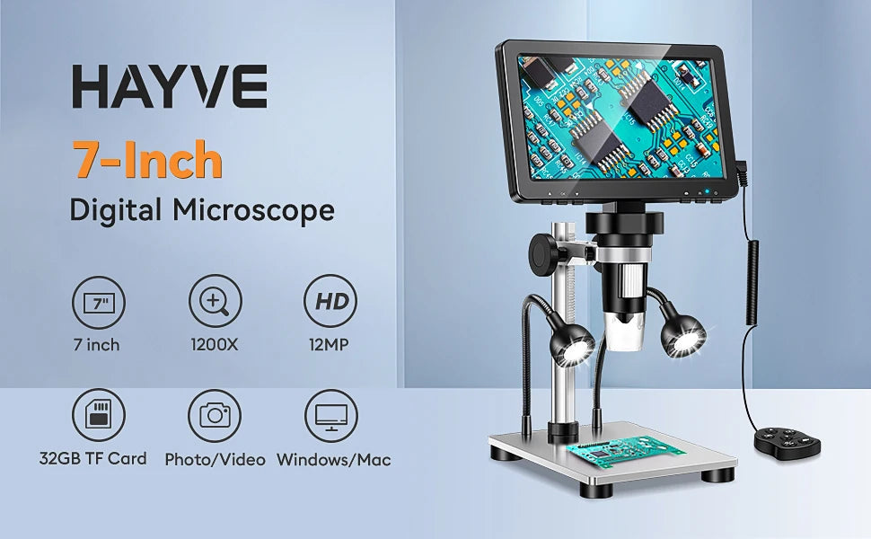 Hayve 7" Digital Microscope – 1200X Zoom, 12MP HD Camera Magnifier for Soldering & Phone Repair