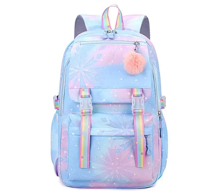 MINISO Kawaii Frozen Girls Backpack – Rainbow Schoolbag & Travel Laptop Bag for Kids & Teenagers