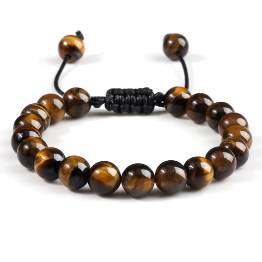 8mm Tiger Eye and Lava Rock Bead Bracelet - Adjustable Braided Rope Bangles for Men and Women - Yoga Healing Balance Bracelets
