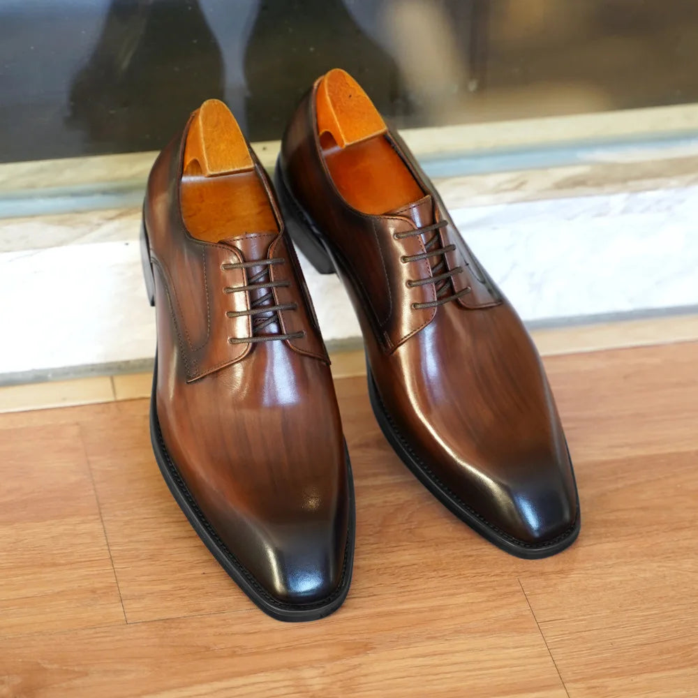 Men's Wood Grain Leather Derby Shoes - Square Toe Business Casual Office Dress Shoes