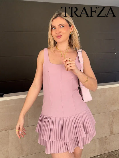 TRAFZA Women’s Square Collar Sleeveless Mini Dress – Summer Pleated Solid Color Slim High Street Chic Dress