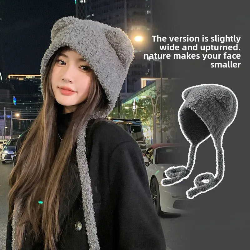 Bear Ear Knitted Winter Hat - Warm Lace-Up Ear Protection Cap for Women
