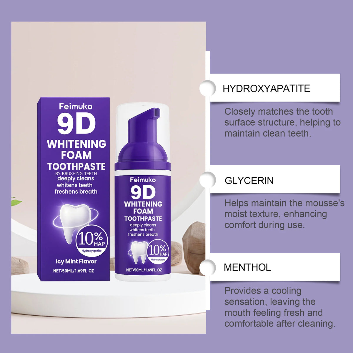 9D Purple Teeth Whitening Foam Toothpaste - 10% Hydroxyapatite, Fresh Breath, and Stain-Removing Oral Care for Travel