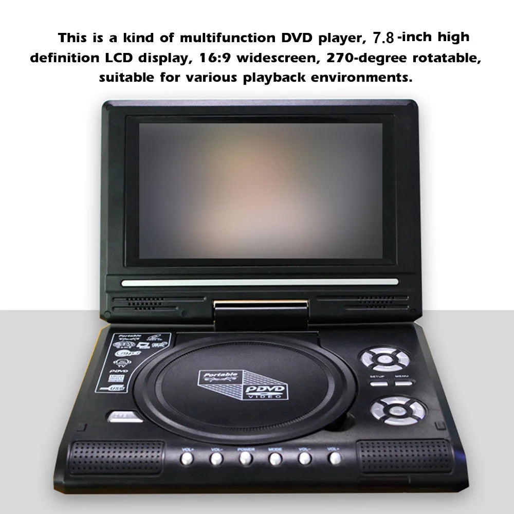 7.8" Portable TV DVD Player – 16:9 Widescreen, 270° Swivel LCD, VCD/CD/MP3, Game Function for Car & Home