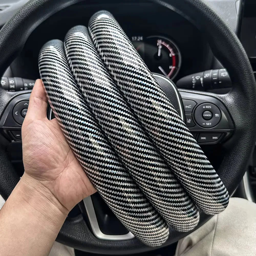 3-Piece Carbon Fiber Silicone Steering Wheel Cover Set – Non-Slip Round Wheel Protectors with Leather-Style Finish for Cars