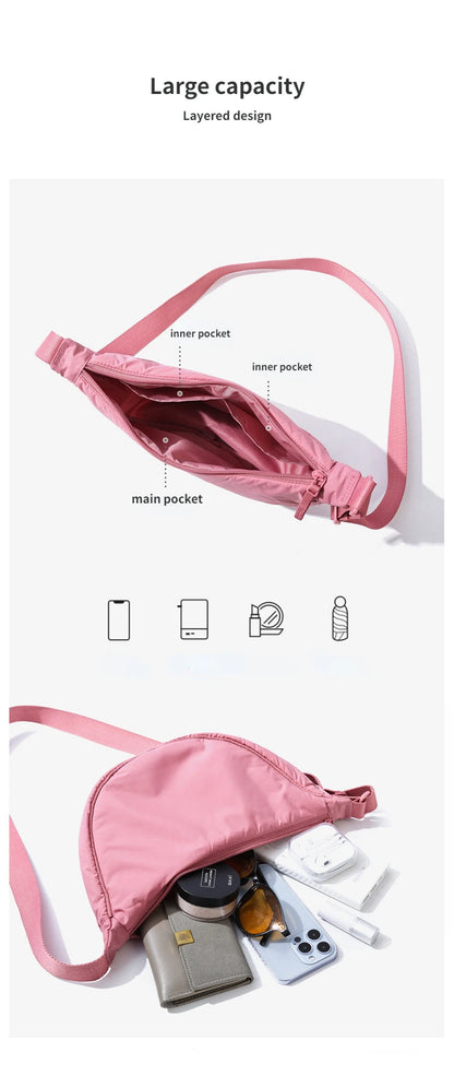 Solid Color Women's Portable Shoulder Bag – Simple Nylon Cloth Padded Crossbody Travel Purse & Messenger Bag