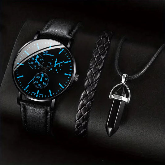 Men’s 3PCS Watch Set – Quartz Analog Business Watch with Leather Band, Necklace & Bracelet Gift Set