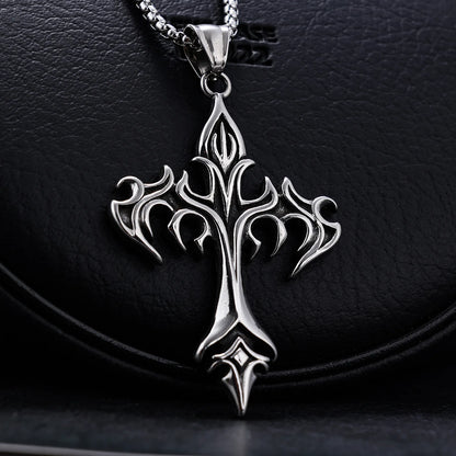 Stainless Steel Flame Retro Cross Necklace – Titanium Steel Casting Pendant for Men, Stylish Vintage Design