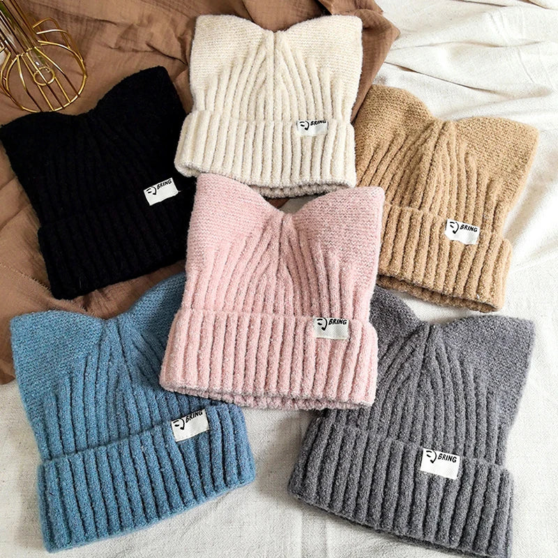 Cute Cat Ears Beanie for Women – Warm Autumn Winter Knitted Hat, Sweet Ear Protection Pullover