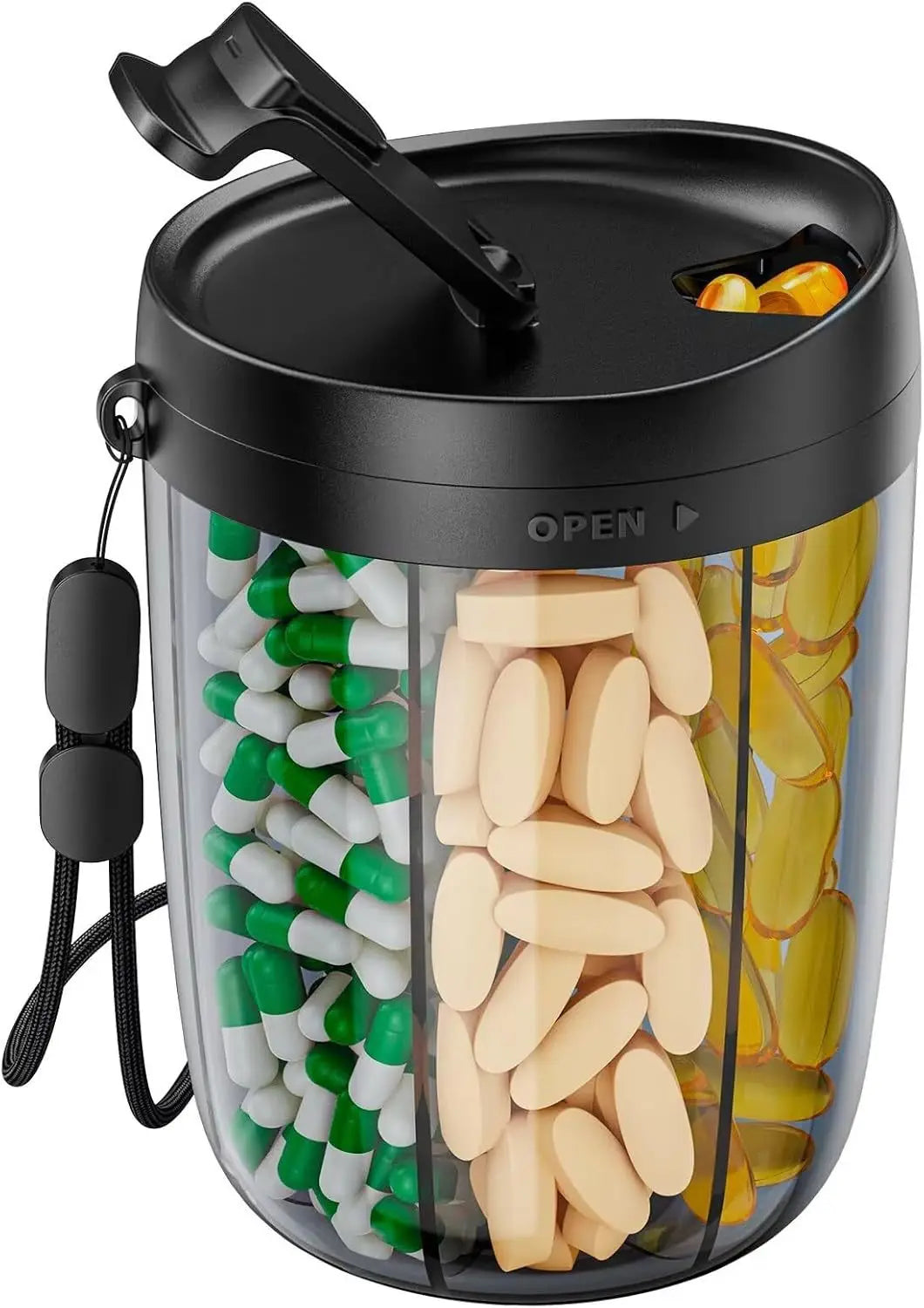 6-Grid Large Pill Organizer – Travel Supplement Case for Vitamins, Pills, and Capsules with Straw Container