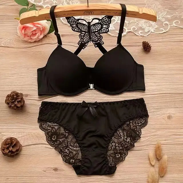 Women Butterfly Front Buckle Bra & Brief Set – Detachable Double Strap Sexy Sheer Lingerie Romantic Underwear Set