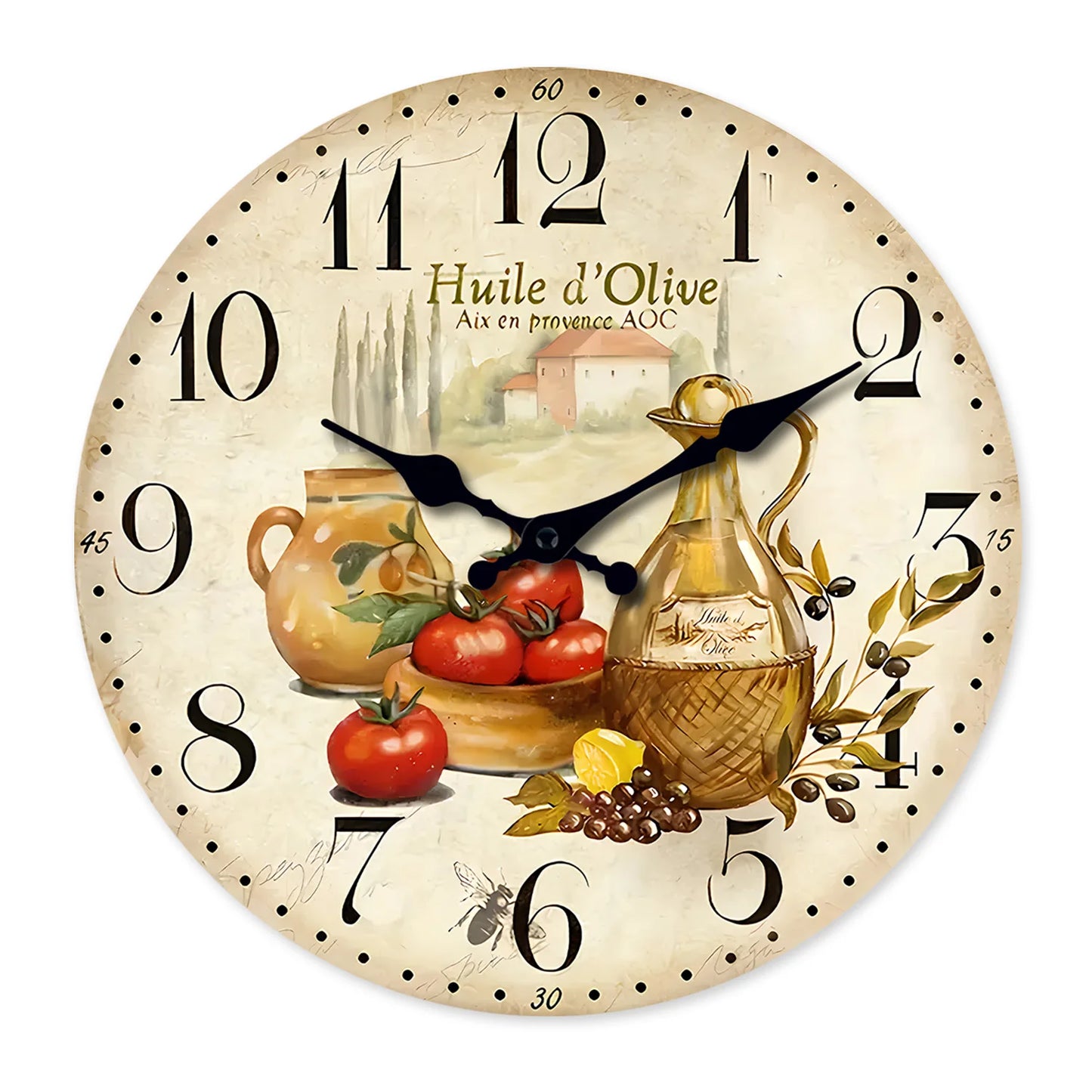 Retro Provence Wooden Wall Clock – Olive Oil & Tomato Pattern, Silent Quartz for Living Room, Bedroom, Kitchen | 10-16 Inch Home Decor, Holiday Gift (No Batteries)