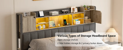 Full Size Upholstered Bed Frame with Storage Drawers, Bookcase Headboard, LED Lights & USB Charging Station