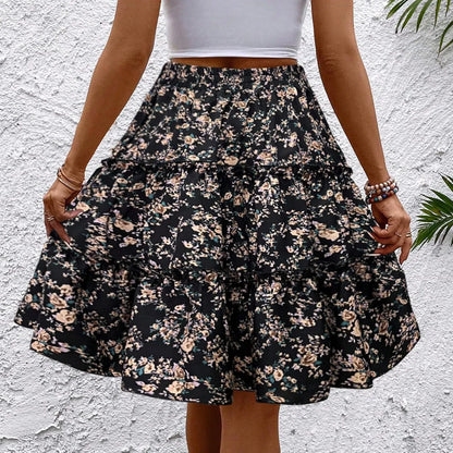 Women’s Floral Spliced Cake Skirt – Knee-Length Casual Skirt with Elastic Waist Strap, Comfortable Versatile Fashionable Design