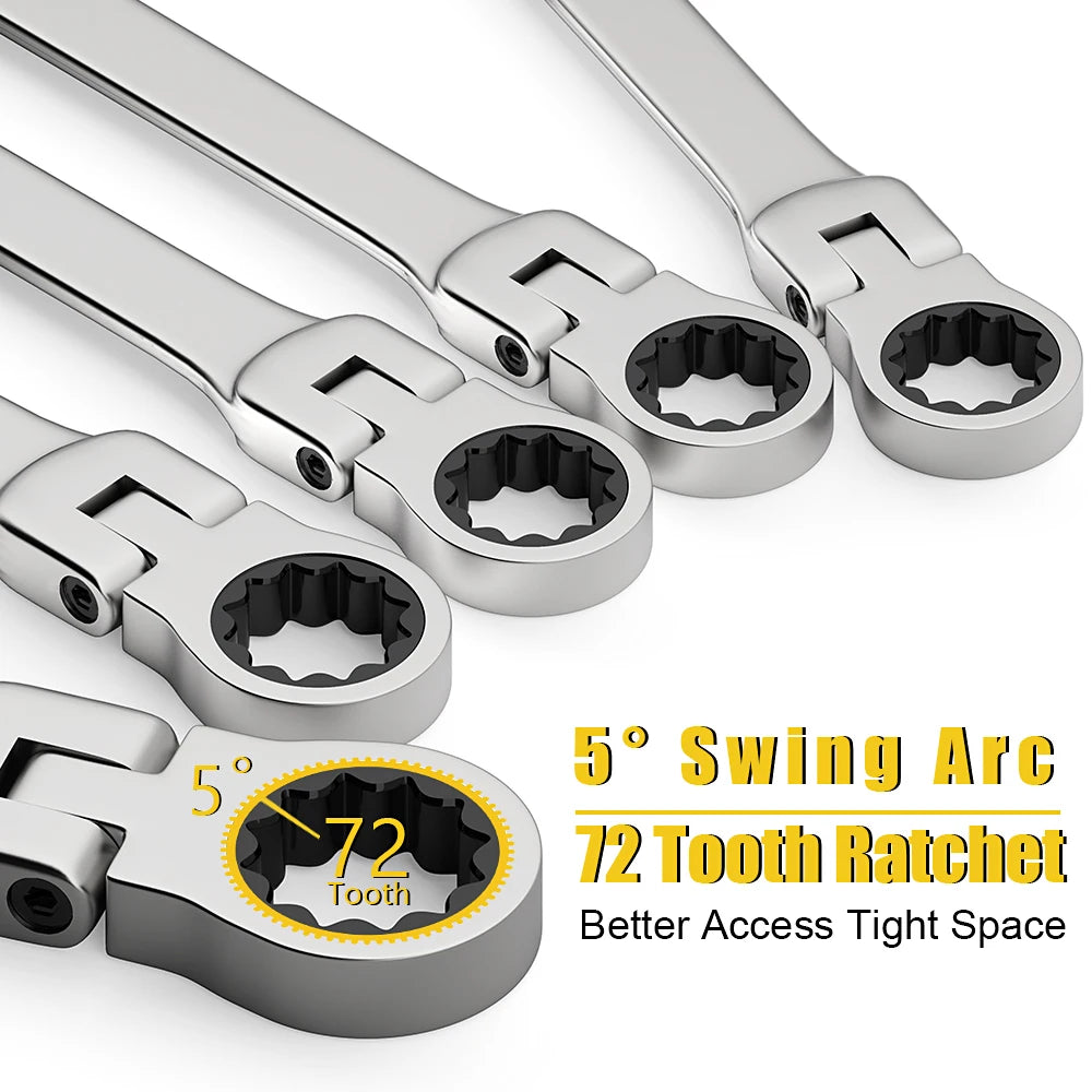 6-22mm Metric Ratcheting Combination Wrench Set – Flex Head Chrome Vanadium Steel Spanners with Carry Bag