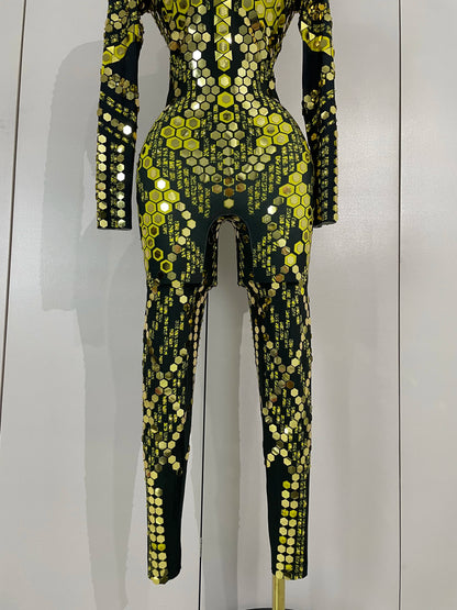 Sexy Shiny Silver Sequin & Black Spandex Jumpsuit — 2025 Women’s Prom, Dancer & Stage Performance Costume