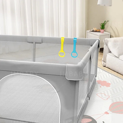 IMBABY Baby Playpen – Light Gray Corralito with Pull Ring, Child Safety Barrier Fence and Ball Box for Baby Playground
