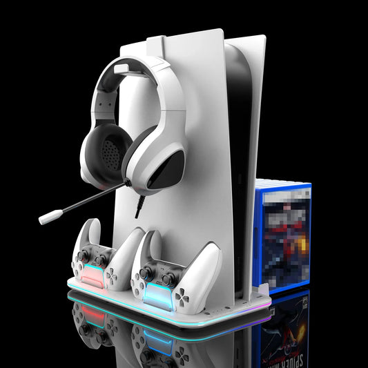 PS5 RGB Cooling Station with Controller Charging Dock – 3-Level Turbo Fan Stand for PS5 Slim Disc & Digital with Headset Holder