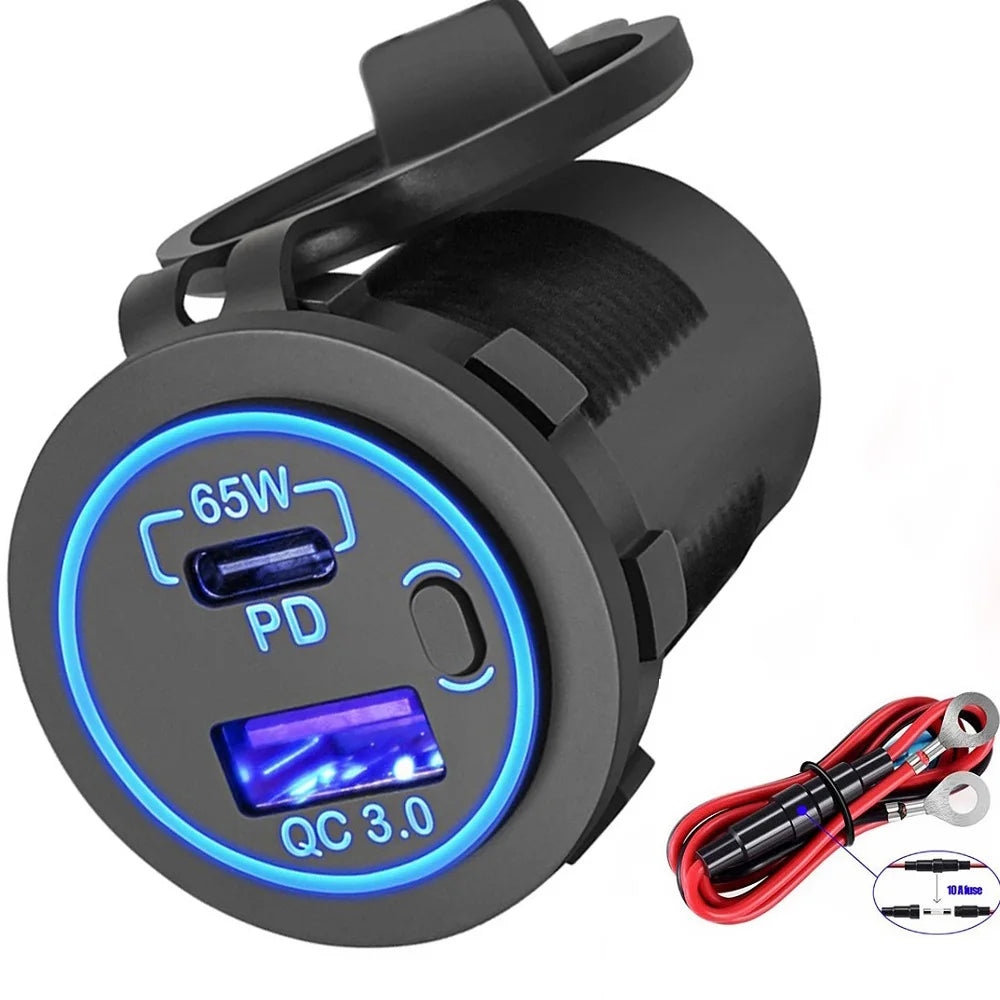 83W 12V Car USB Outlet – Laptop Charger with 65W USB-C PD3.0 & 18W QC3.0, Waterproof Multi-Port Socket with Power Switch for RV & Car
