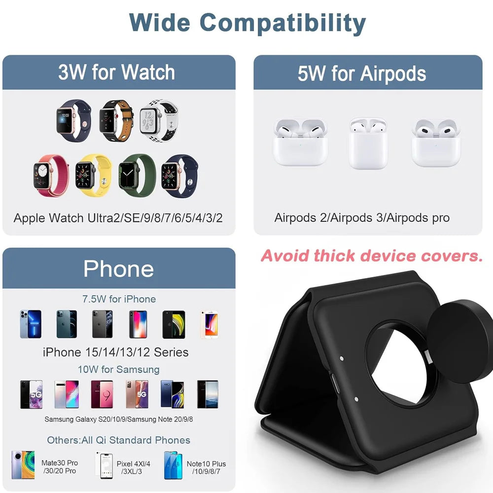 3-in-1 Magnetic Wireless Charging Pad for iPhone 13–16 Series, Apple Watch 8/9 and AirPods - Fast Charging Dock Station