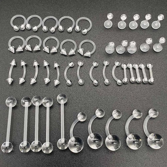 10/60PCS Clear Acrylic Body Jewelry – Transparent Lip, Ear, Nose, Tongue, Eyebrow & Belly Rings