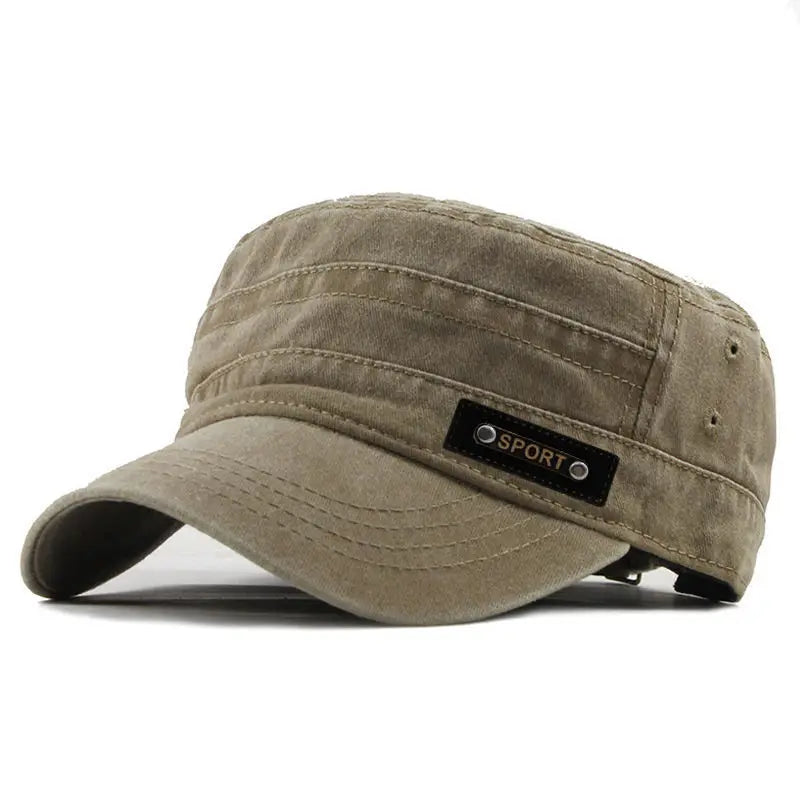 Men’s Cotton Military Cap – Washable Flat Top Sun-Proof Hat for Spring, Summer, and Autumn