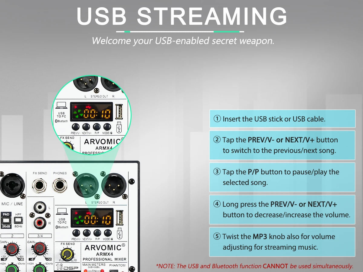 ARVOMIC 4-Channel DJ Audio Mixer – USB Interface, Bluetooth, 16 DSP Effects & 3-Band EQ (ARMX-4)