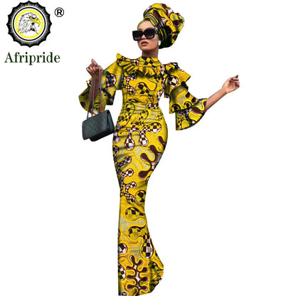 African Bazin Riche 2-Piece Dress Set - Plus Size Bodycon Dress with Headwrap for Women